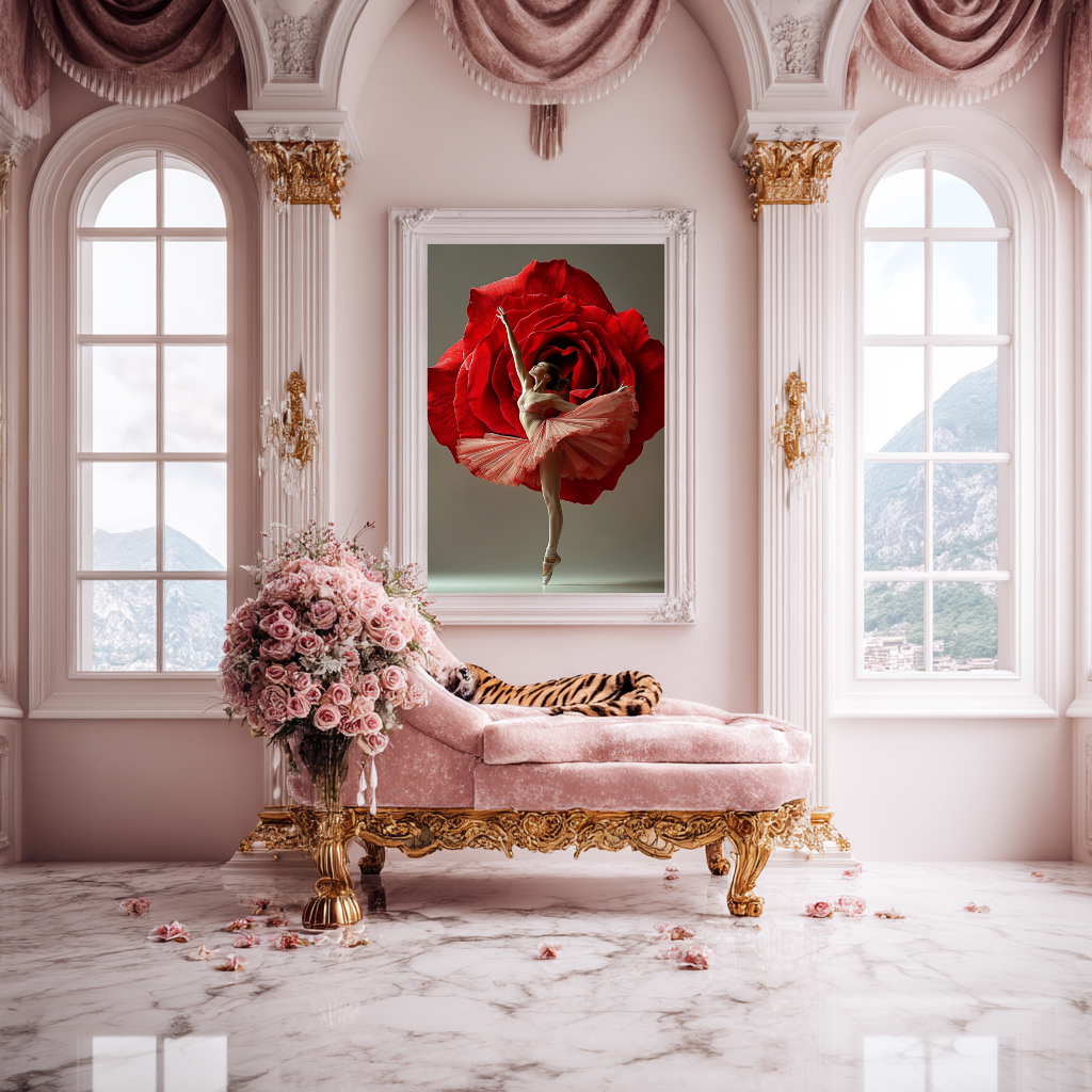 Rose Pirouette wall art poster – Graceful ballerina in mid-pirouette with rose-toned background, dreamy feminine artwork for dance studios and serene spaces