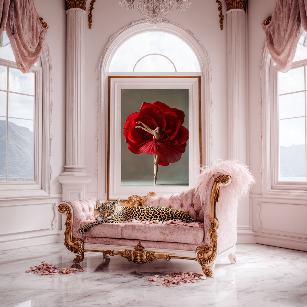 Crimson Bloom wall art poster – Elegant ballerina surrounded by crimson florals, poetic and feminine artwork for bedrooms, studios, or graceful interiors