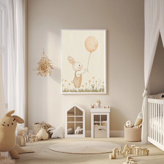 Neutral Bunny with Balloon – Minimalist Rabbit Nursery Wall Art Poster