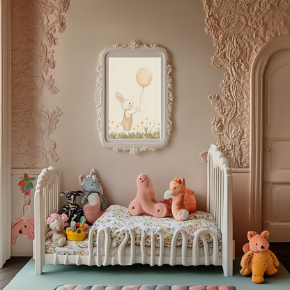 Neutral Bunny with Balloon – Minimalist Rabbit Nursery Wall Art Poster