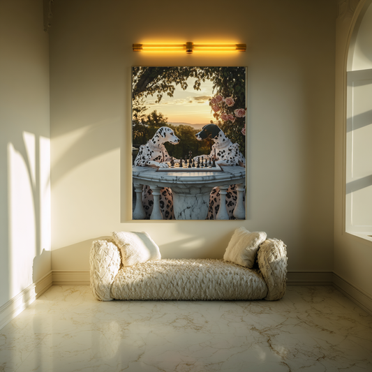 Checkmate Garden – Aristocratic Dalmatians Chess Wall Art Poster